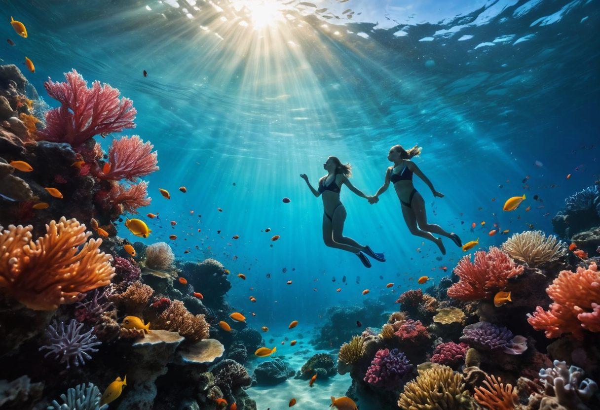 A serene underwater landscape filled with vibrant coral reefs and colorful fish, where two silhouettes of people are gracefully diving together, symbolizing connection and exploration. Surround them with bubbles that gently rise to the surface, creating an ethereal ambiance. Soft, warm light filters down from above, illuminating their joyful expressions as they engage in various techniques of swimming and diving. The scene exudes a feeling of bliss and unity. super-realistic. vibrant colors. calming underwater scene.