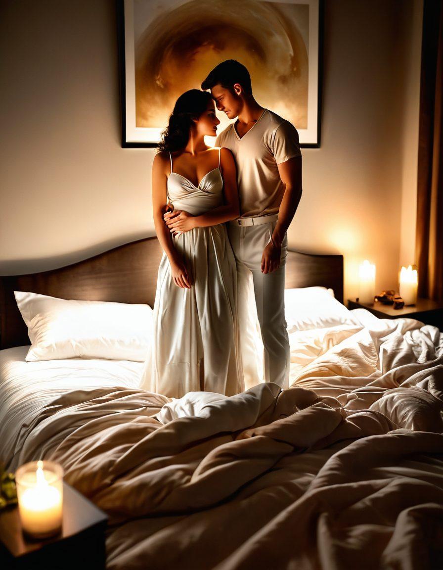 A serene and intimate bedroom scene showcasing a couple in an intimate moment, surrounded by soft candlelight and plush pillows. The couple is portrayed in an affectionate embrace, highlighting emotional connection and closeness. Subtle elements like flowing silk sheets and gentle hues create a tranquil atmosphere, embodying themes of exploration and pleasure. Emphasize a dreamy, ethereal quality in the lighting, enhancing the mood of intimacy and discovery. soft focus. warm tones. 3D.