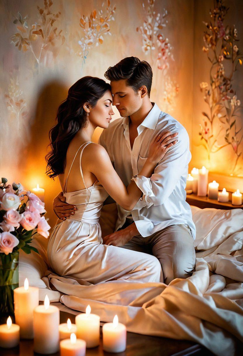 A serene and intimate setting showing a couple embracing in a warm, softly lit room, surrounded by candles and flowers. The atmosphere should exude romance and tranquility, with elements symbolizing sensuality like silk sheets and aromatic oils. Incorporate soft pastel colors to create a calming vibe, and include subtle abstract patterns in the background to enhance the sense of connection. painterly style. soft focus. warm lighting.